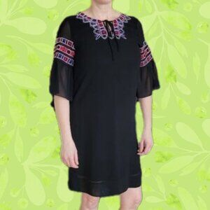 🍄50% Black Embroided Ruffled 3/4 Sleeves Straight Dress
